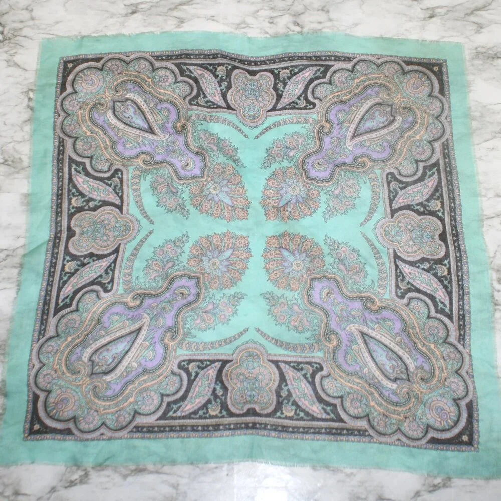 VINTAGE Scarf Square Floral Headscarf Colorful Woven Paisley Aqua Pastel Spring